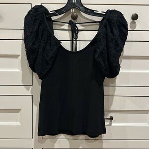 Maeve, black top, puff sleeves, tie back, scoop neck and scoop back, worn once
